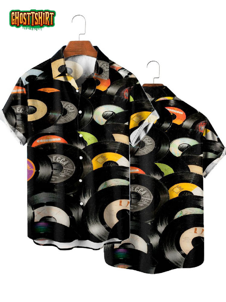 Vintage Vinyl Record Print Casual Short Sleeve Shirt