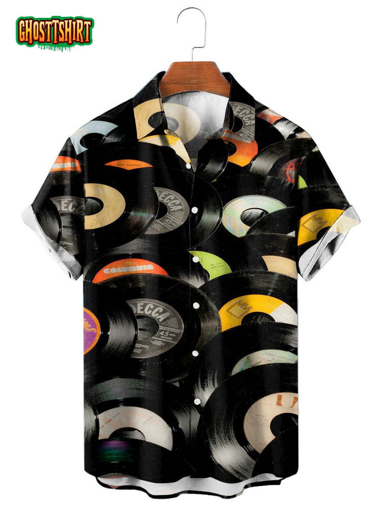 Vintage Vinyl Record Print Casual Short Sleeve Shirt