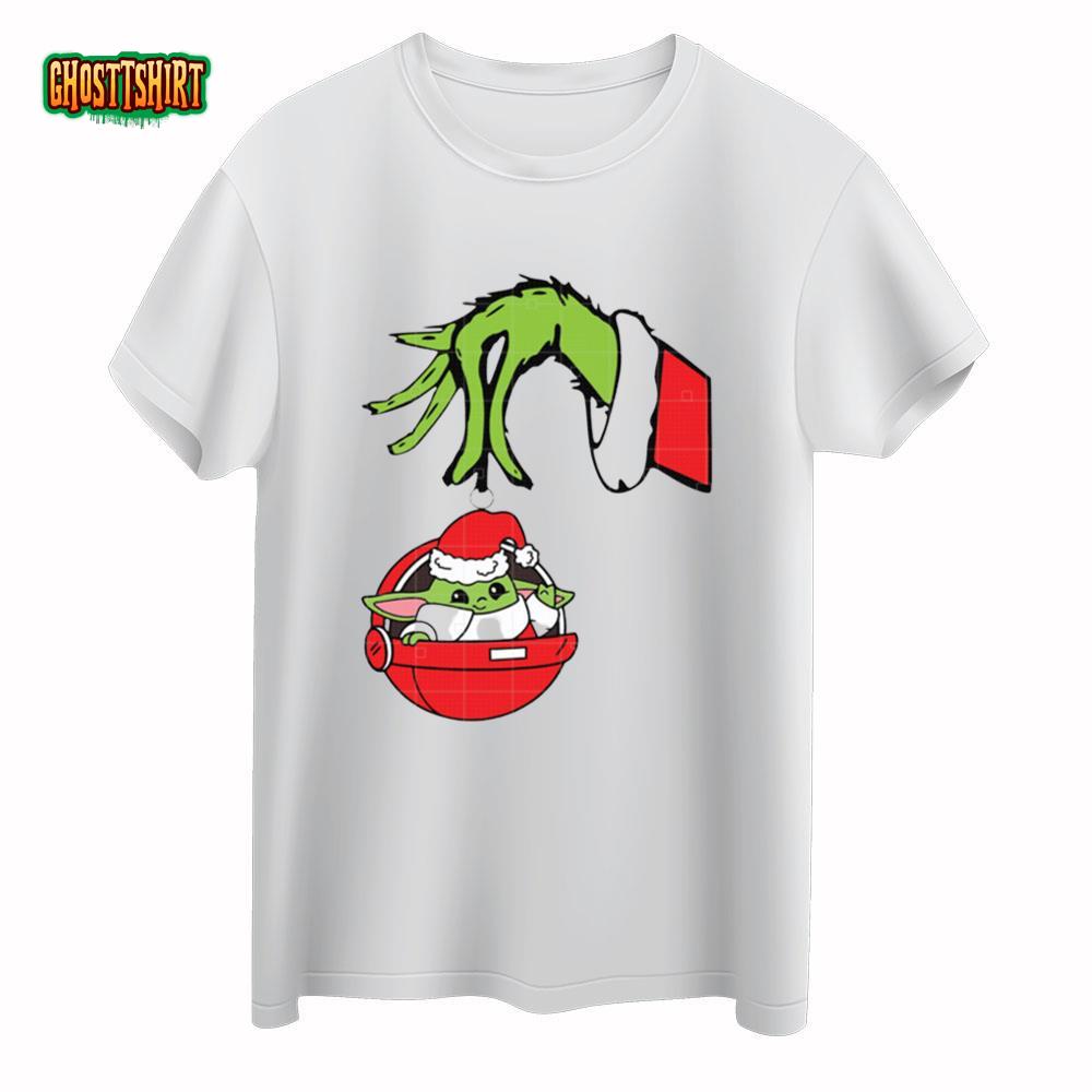 Grinch Hand With Baby Yoda Jingle Bell Yoda Christmas T-Shirt