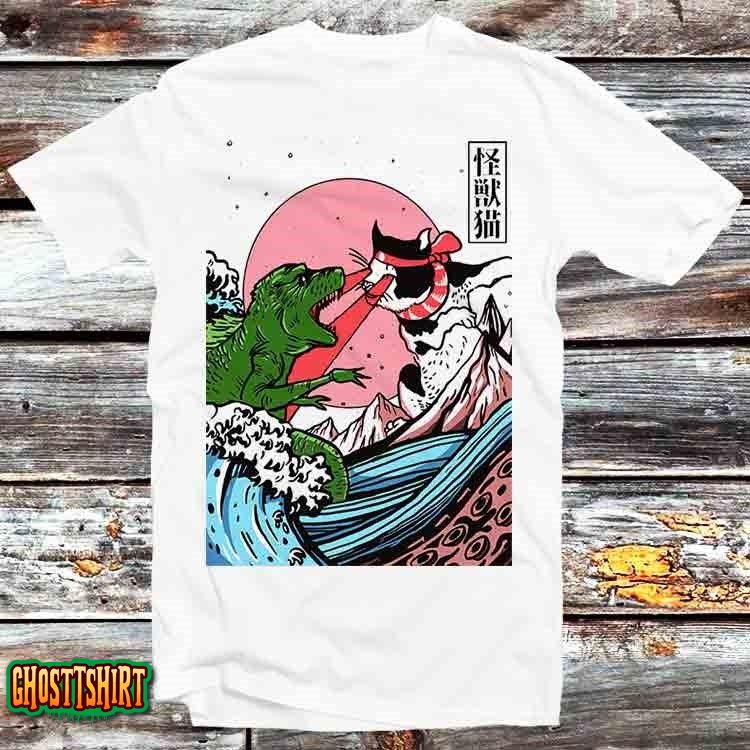 Horror Dinosaur Cat The Great Wave Off Kanagawa Catzilla Hokusai Sea ...