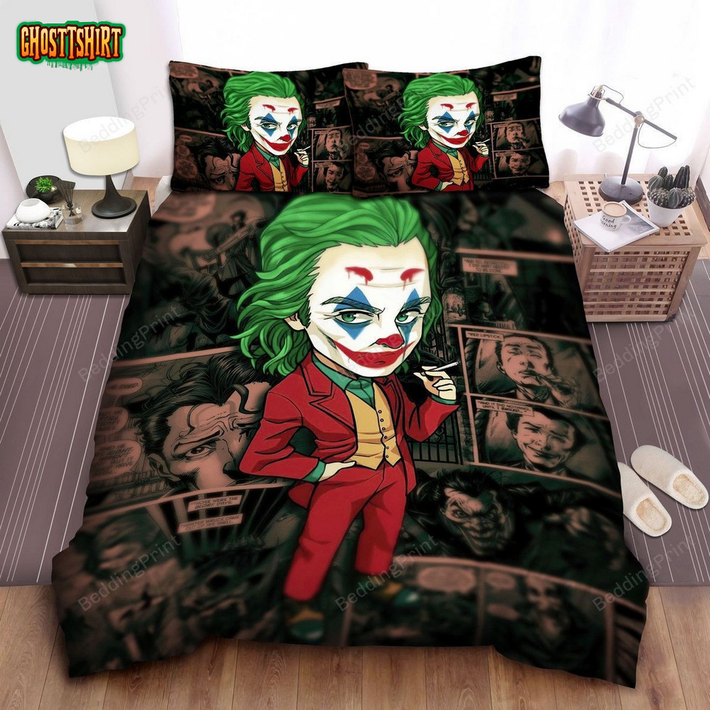 Joker Chibi Art Style In Comic Pages Background Bed Sheets Duvet Cover ...