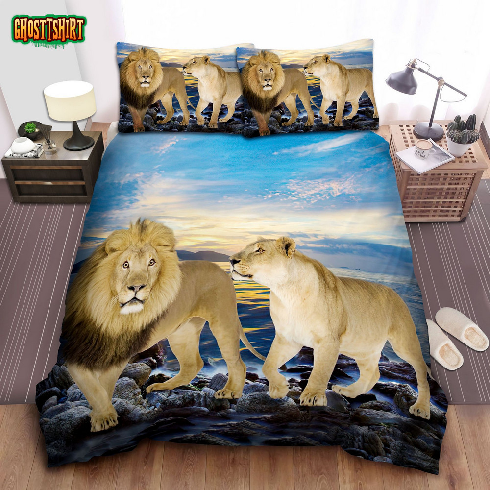 Lion Couple And Blue Ocean Bedding Set