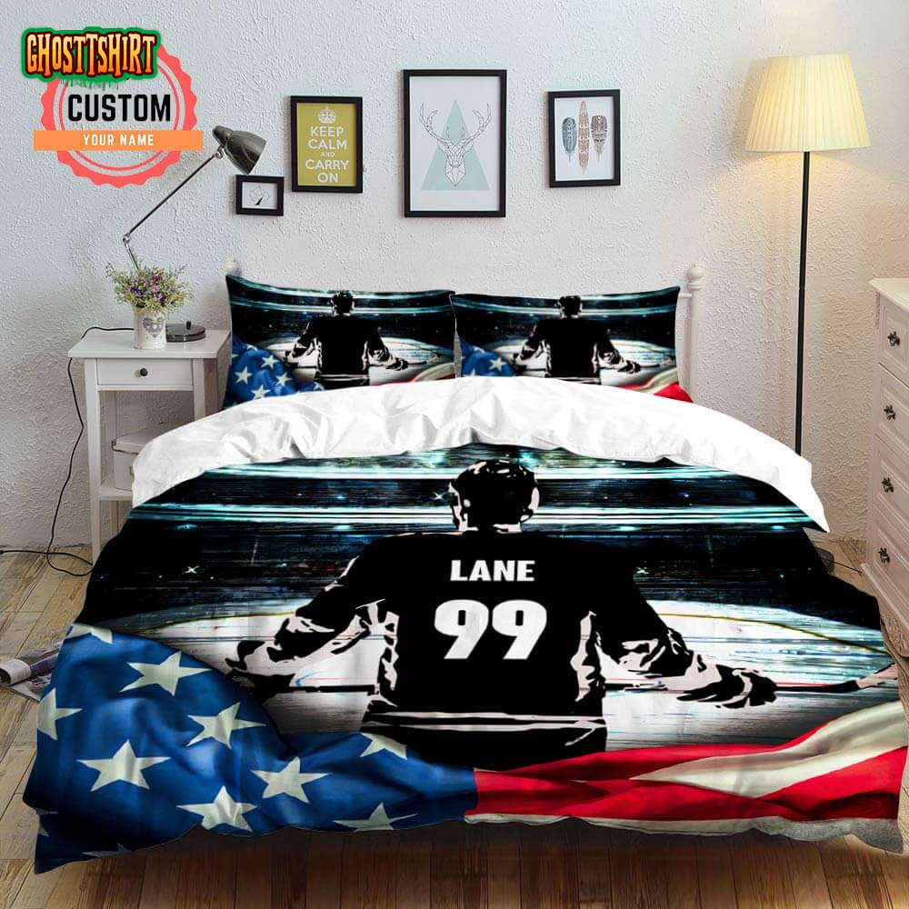 Personalized Ice Hockey American Flag Bed Sheets Spread Duvet Cover Bedding Set