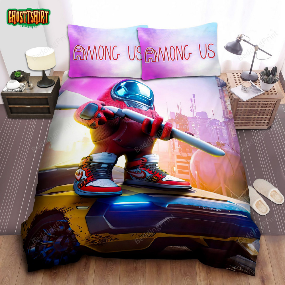 Red Among Us Standing On A Car And Holding Gun Bed Sheets Duvet Cover Bedding Set