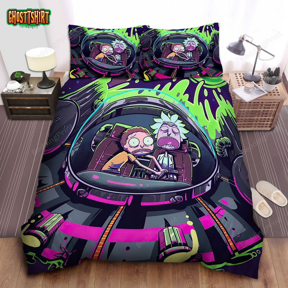 Rick And Morty Riding Flying Saucer Bed Sheets Duvet Cover Bedding Set