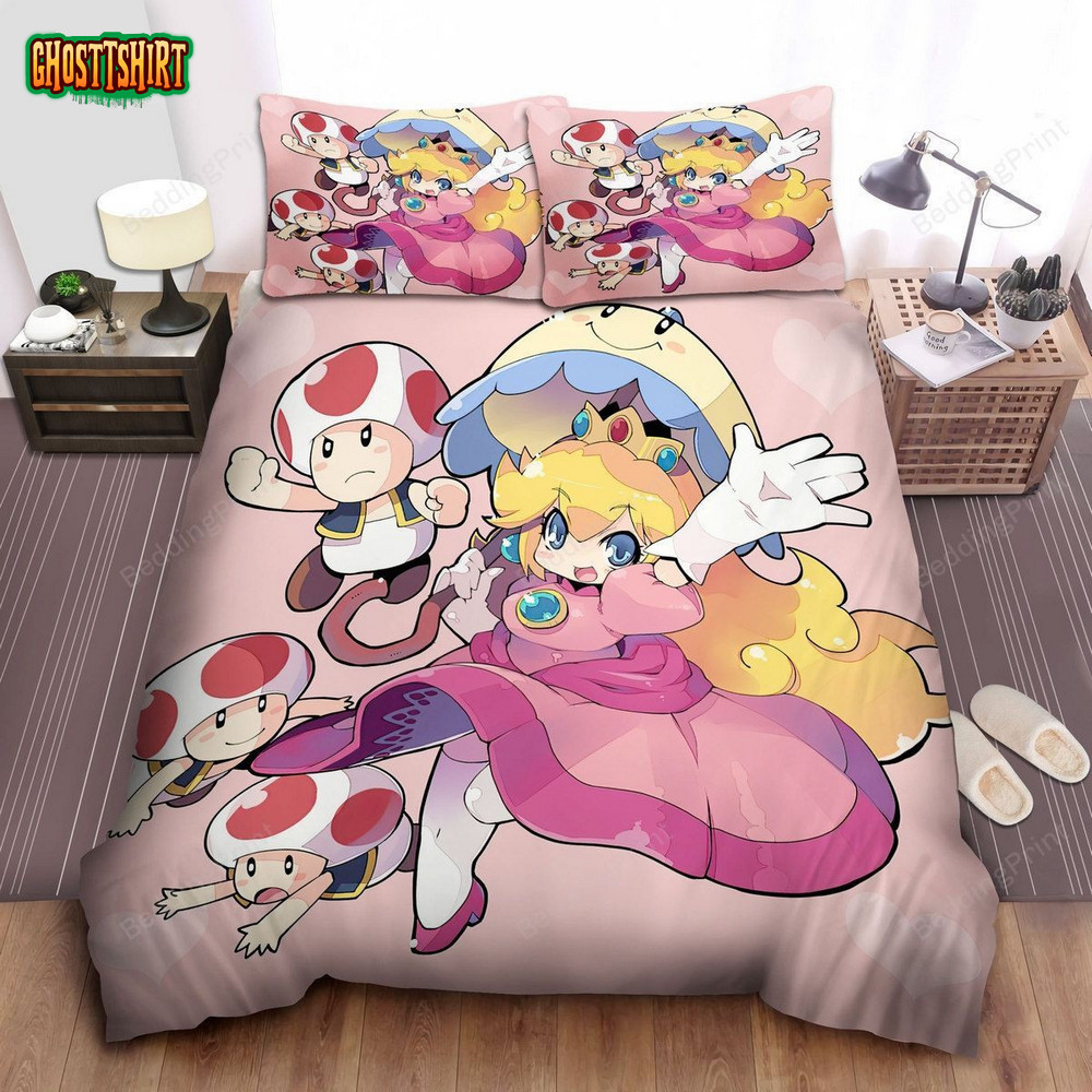 Super Mario Princess Peach And Toads In Anime Chibi Art Style Bed Sheets Duvet Cover Bedding Set 