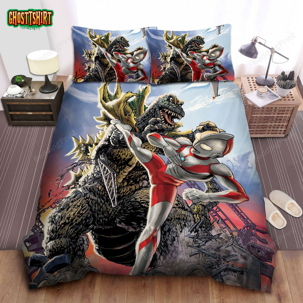 Ultraman Vs. Godzilla Bed Sheets Duvet Cover Bedding Set