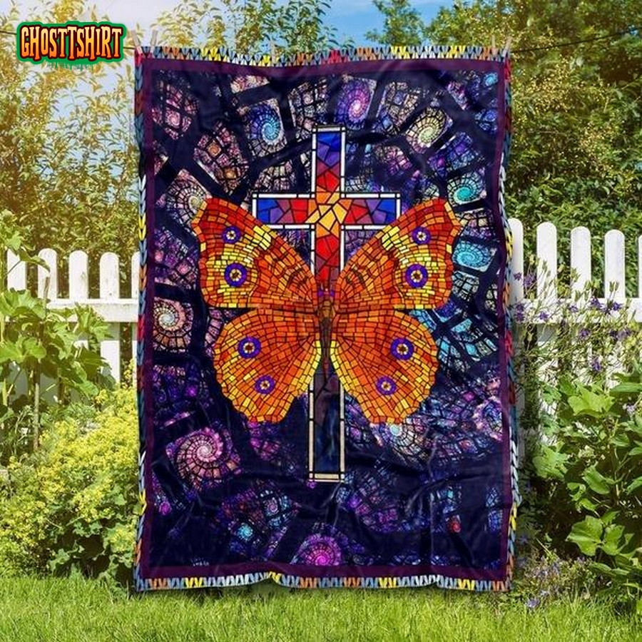 Butterfly Forever Young And Free Christian Cross Quilt Blanket