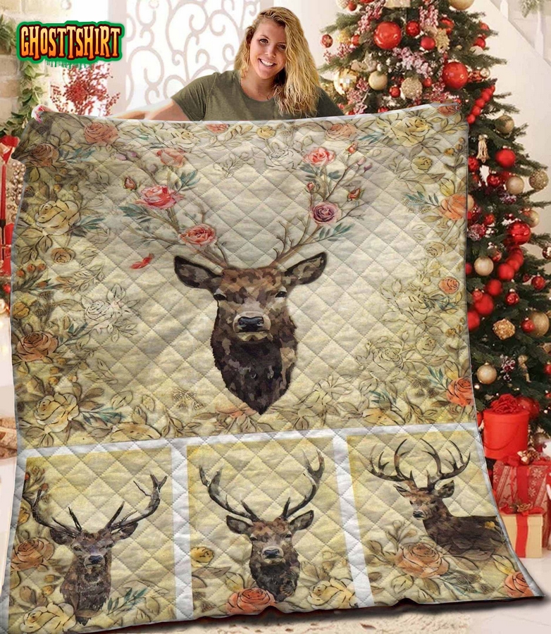 Deer With Flower Deer Animal Quilt Blanket