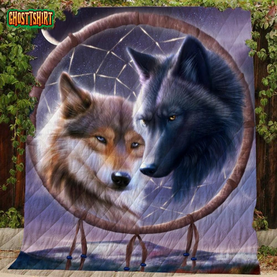 Dreamcatcher Wolf Wolf Couple Moon Dark Sky Quilt Blanket