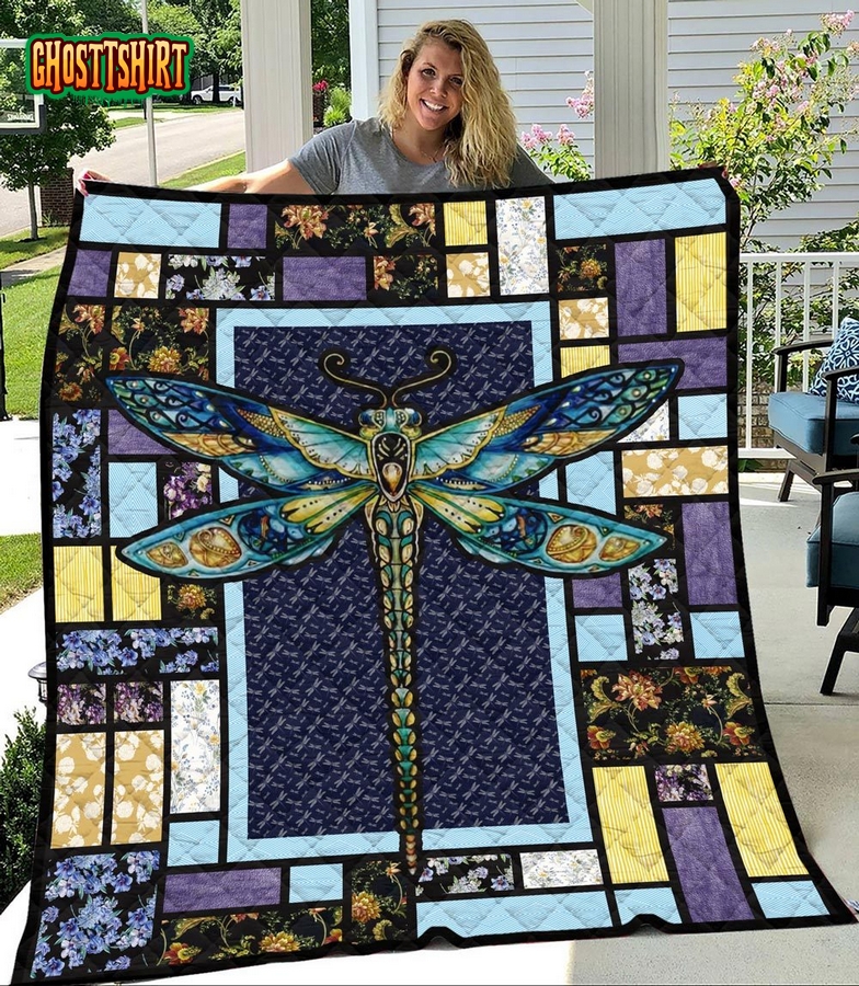 Multiple Square Of Flowers And Dragonfly Quilt Blanket