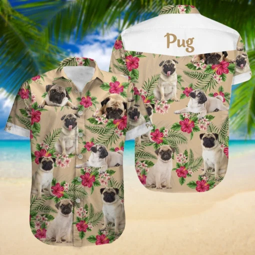 Floral Pug Shirt, Pug Hawaiian Shirt, Pug Beach Summer Shirt, Bachelor Party Hawaiian Dog Shirt