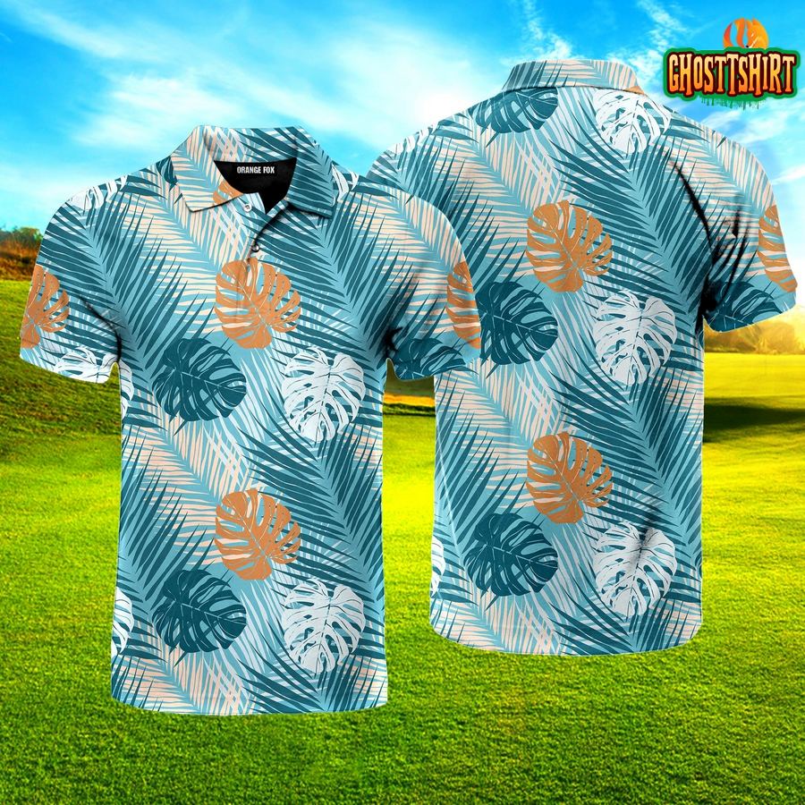 Blue Tropical Leaves Pattern Polo Shirt For Men