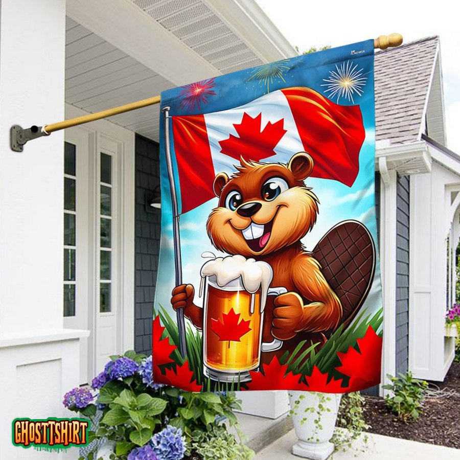 Happy Canada Day Funny Beaver Holding Beer Flag