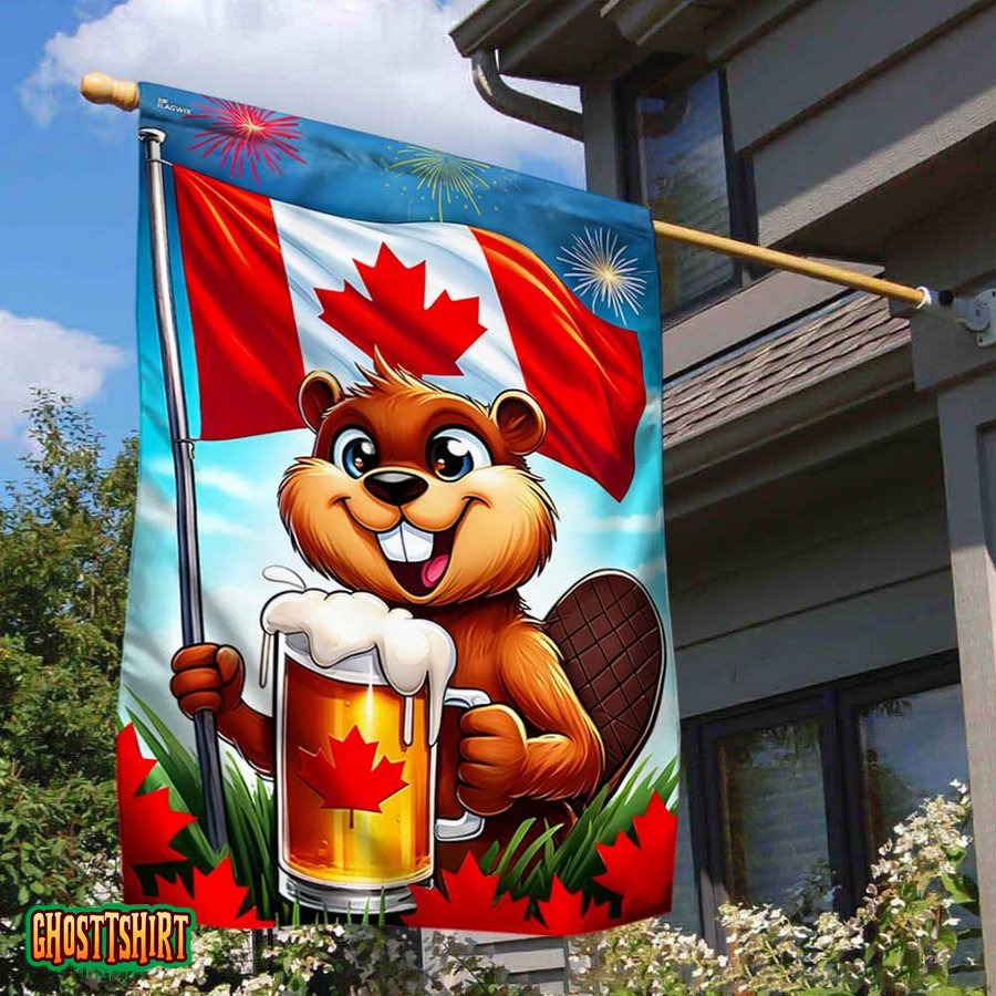 Happy Canada Day Funny Beaver Holding Beer Flag