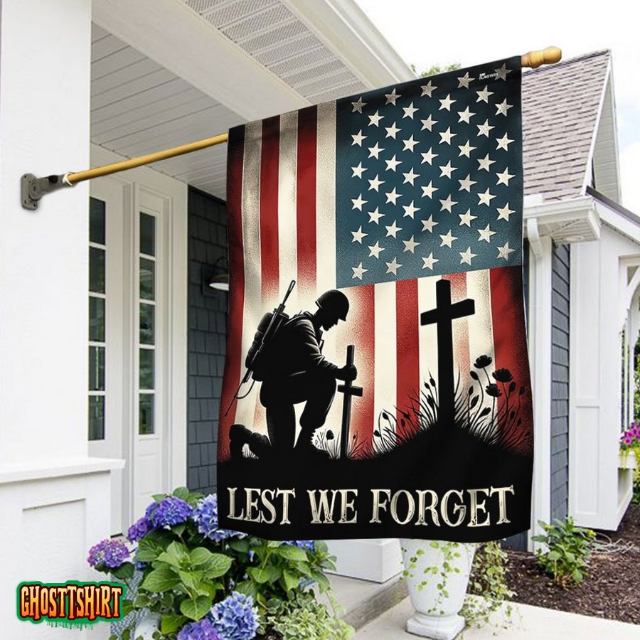 Memorial Day Veteran Kneeling Soldier The Cross Lest We Forget Flag