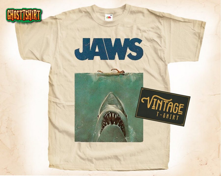 JAWS Horror V1 T shirt Tee Natural Vintage Cotton Movie Poster Beige All Sizes